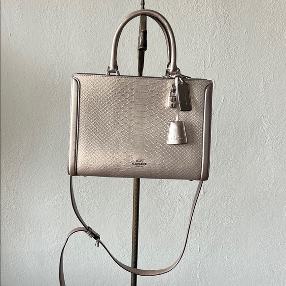 Coach Zoe Platinum Python Embossed Leather Tote/Satchel Bag w/Lock Detail - Picture 2 of 10